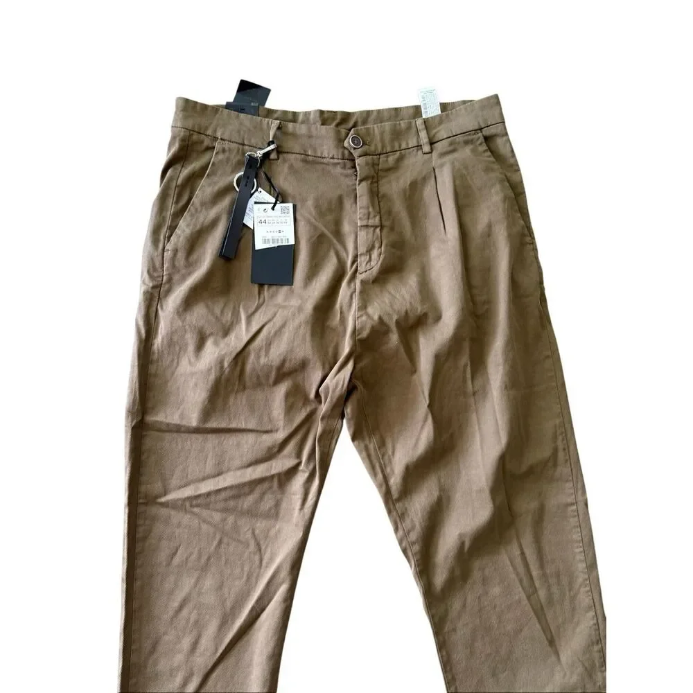 NWT Zara Mens Khaki Pleated Front Relaxed Fit Tapered Twill Chino Pants Sz US 34